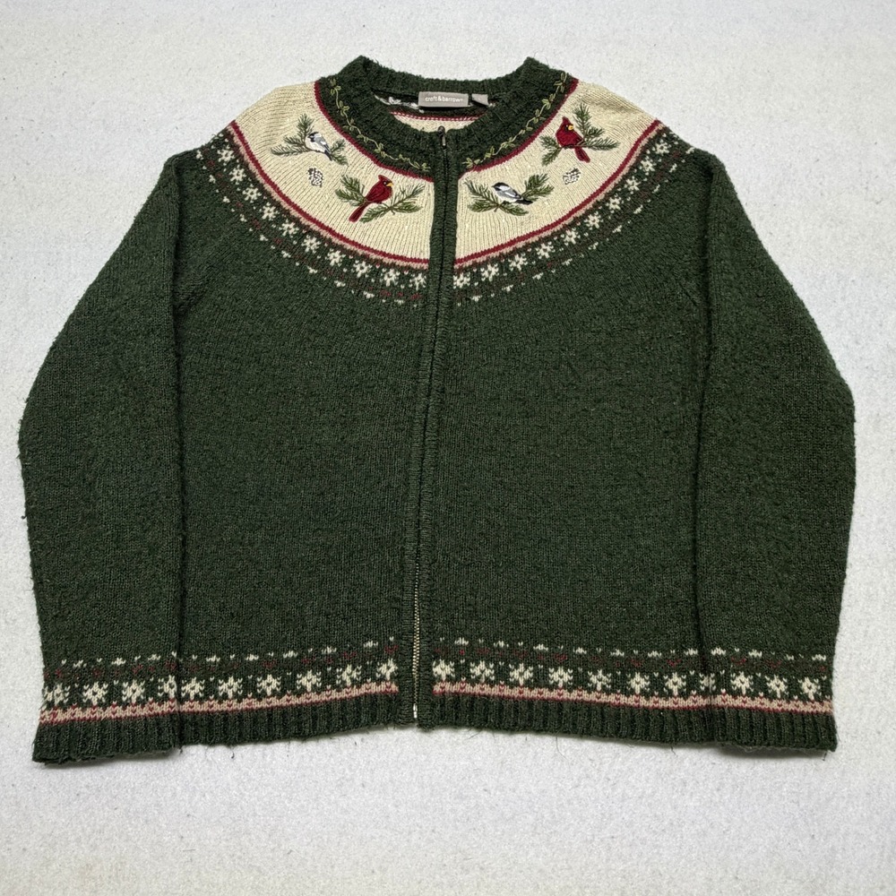Vintage Croft & Barrow Silk Wool Fair Isle Bird Embroidered Knit Sweater Large‎